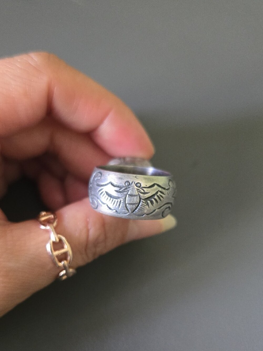 925 Silver Korean Traditional Band Ring Lavender Jade Carved Stone Ring - Picture 4 of 5